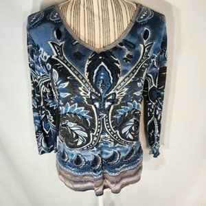 Zashi Blue Patterned Beaded and Sequin Embellished Top Size Small